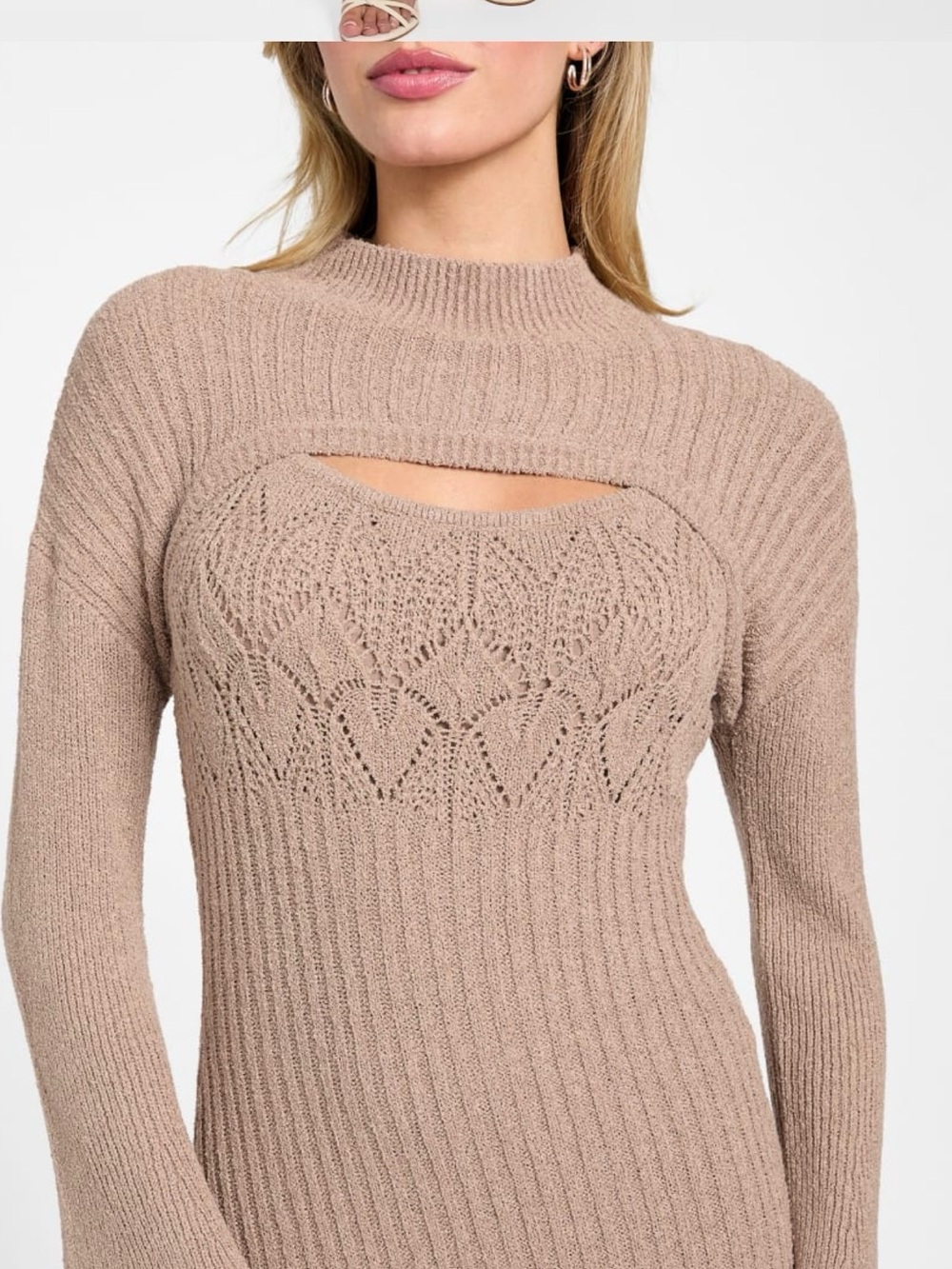 Guess Taupe Cutout Cable-Knit Mock Neck Sweater